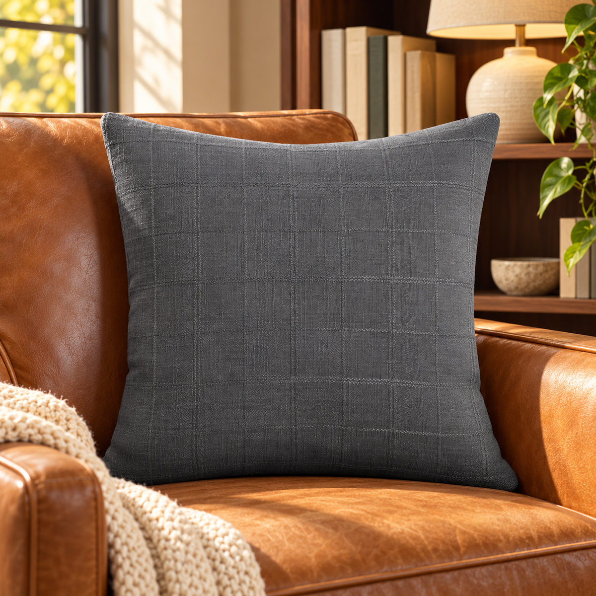 Gray Grid Throw Pillow Cover