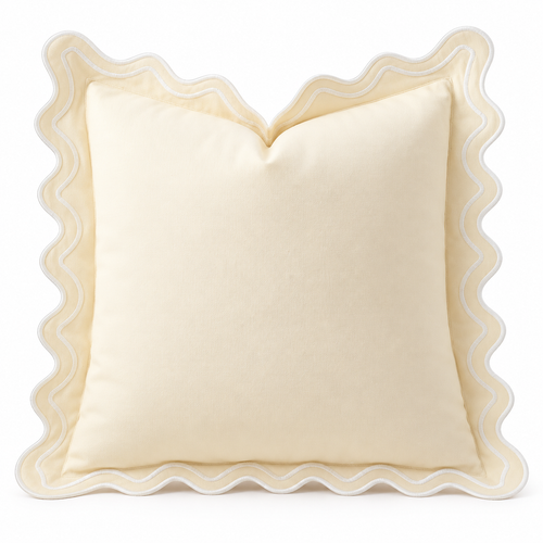 Beige Canvas Scalloped-Edge Throw Pillow Cover