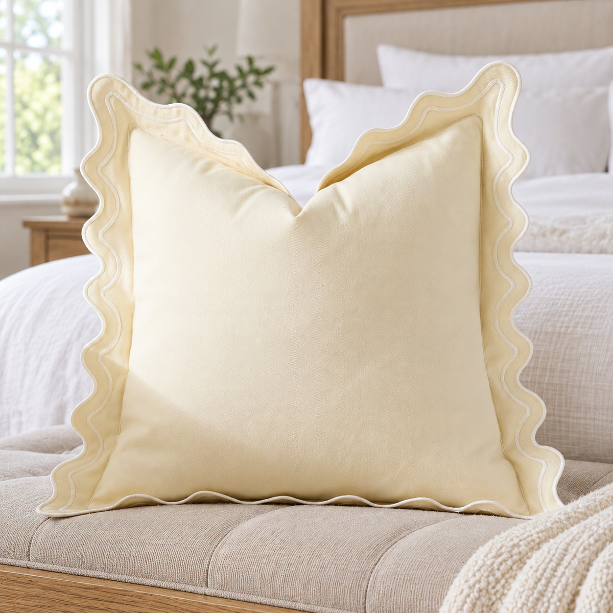Beige Canvas Scalloped-Edge Throw Pillow Cover