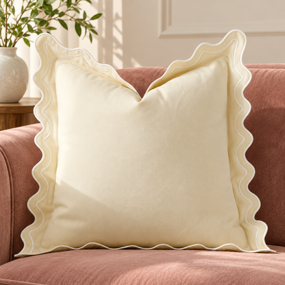 Beige Canvas Scalloped-Edge Throw Pillow Cover