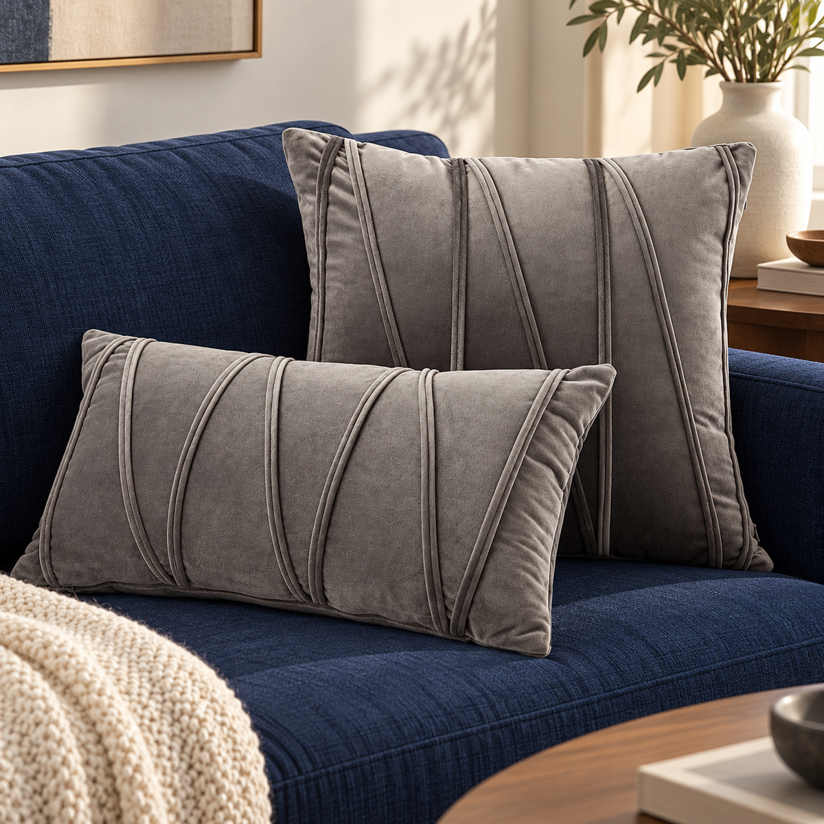 Gray Velvet Striped Throw Pillow Cover