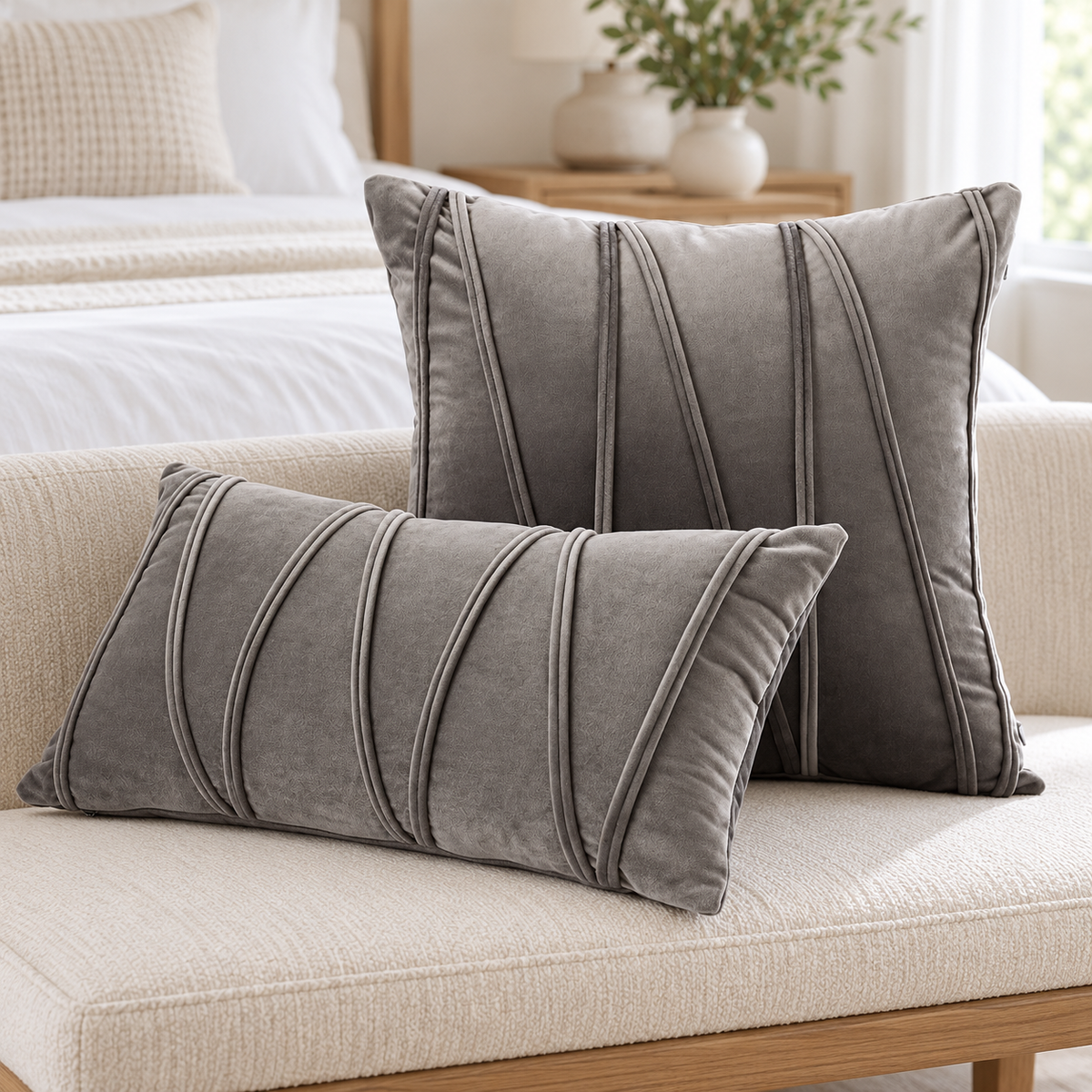 Gray Velvet Striped Throw Pillow Cover