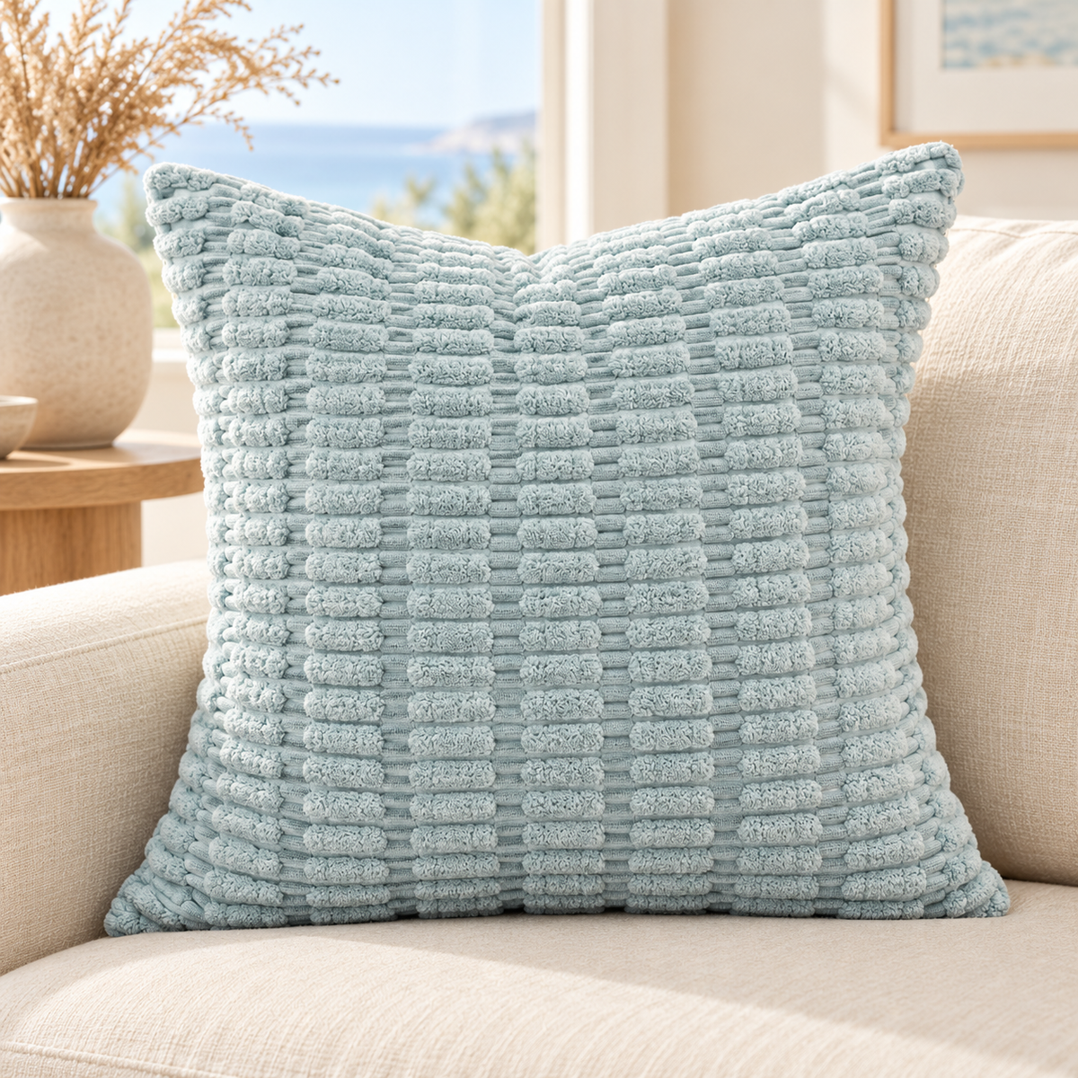 Light Blue Textured Corduroy Throw Pillow Cover