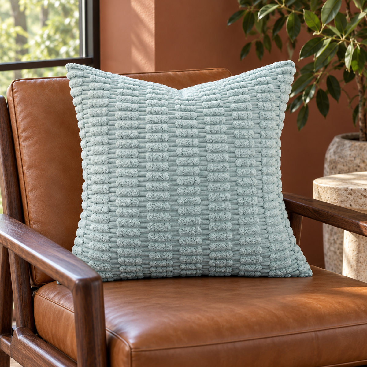 Light Blue Textured Corduroy Throw Pillow Cover