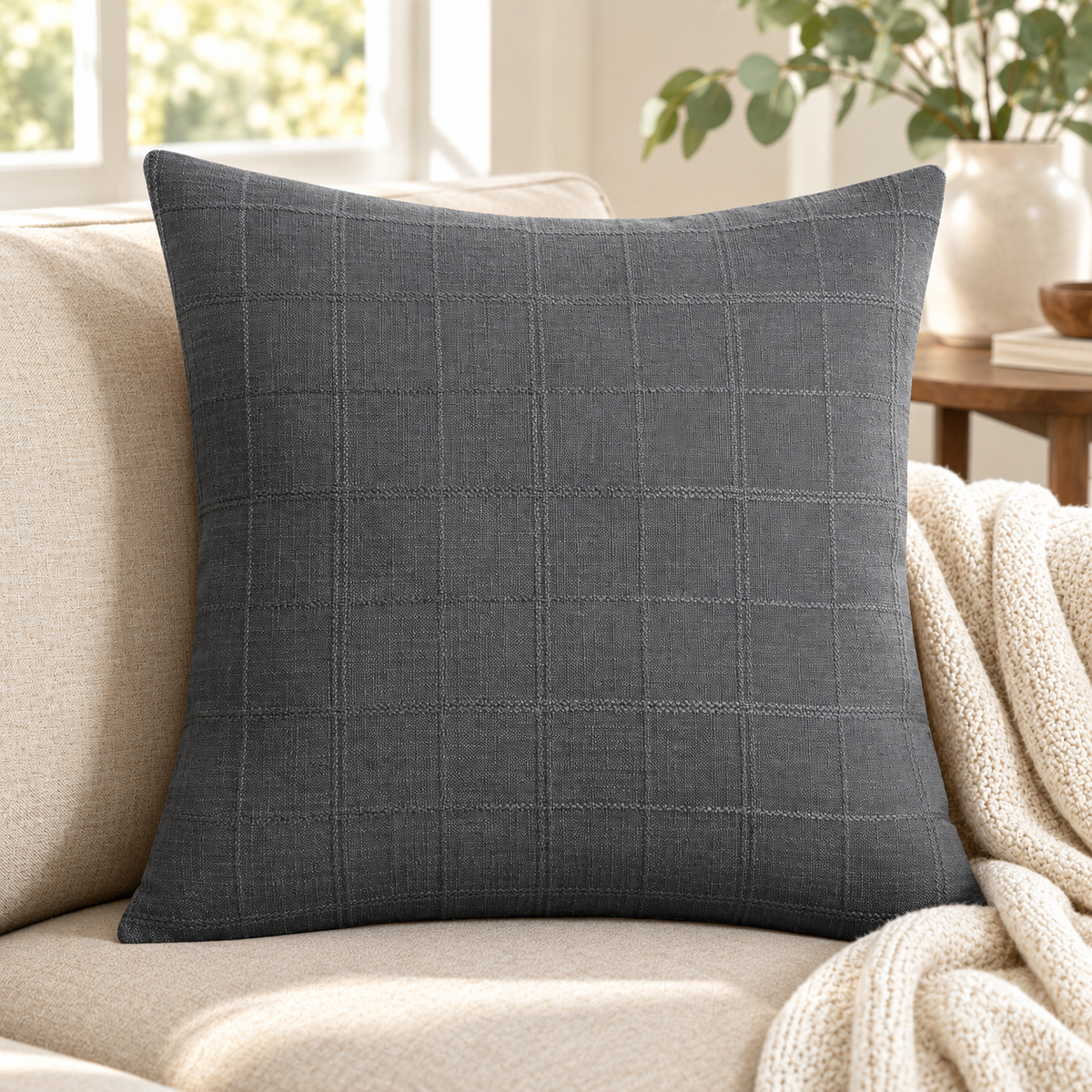 Gray Grid Throw Pillow Cover