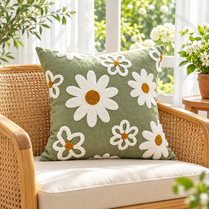 Daisy Embroidered Throw Pillow Cover