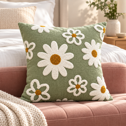 Daisy Embroidered Throw Pillow Cover